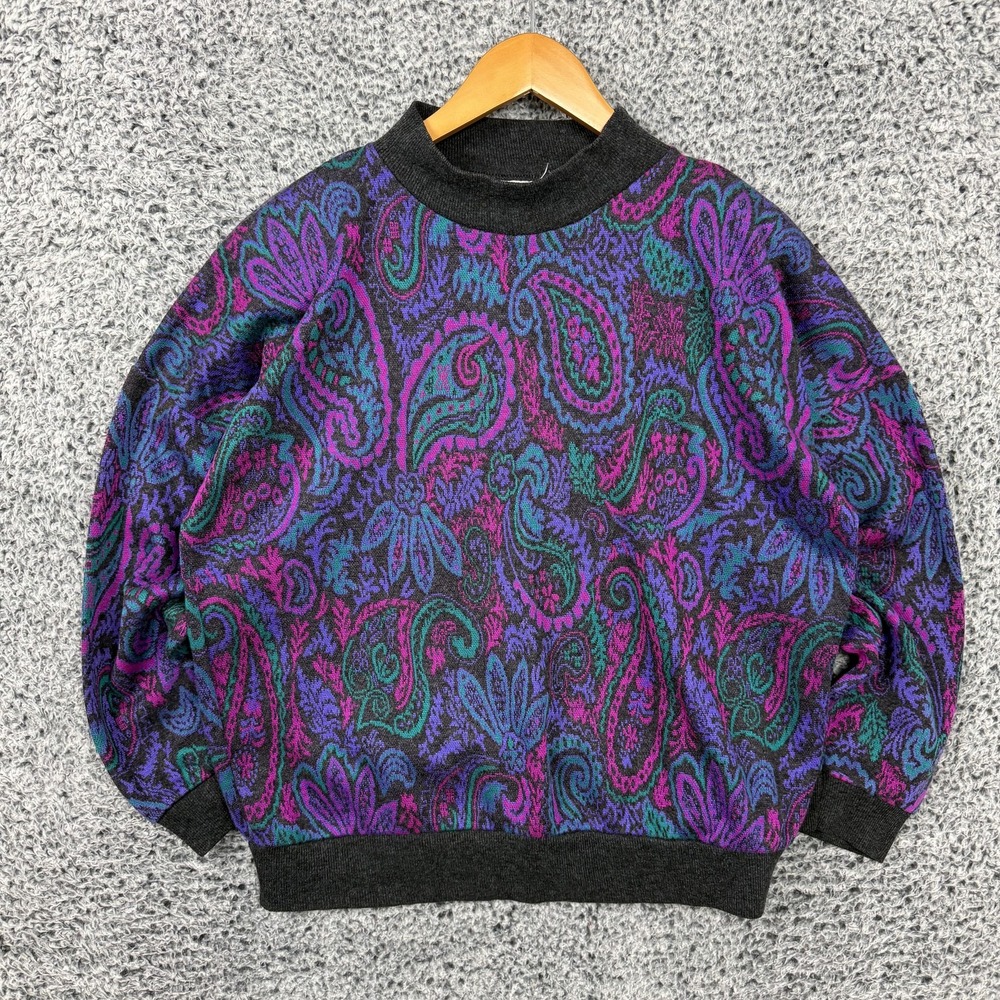 Vintage 80s Paisley Sweater Womens XL Crew Neck Pullover Dolman Paris Sport Club